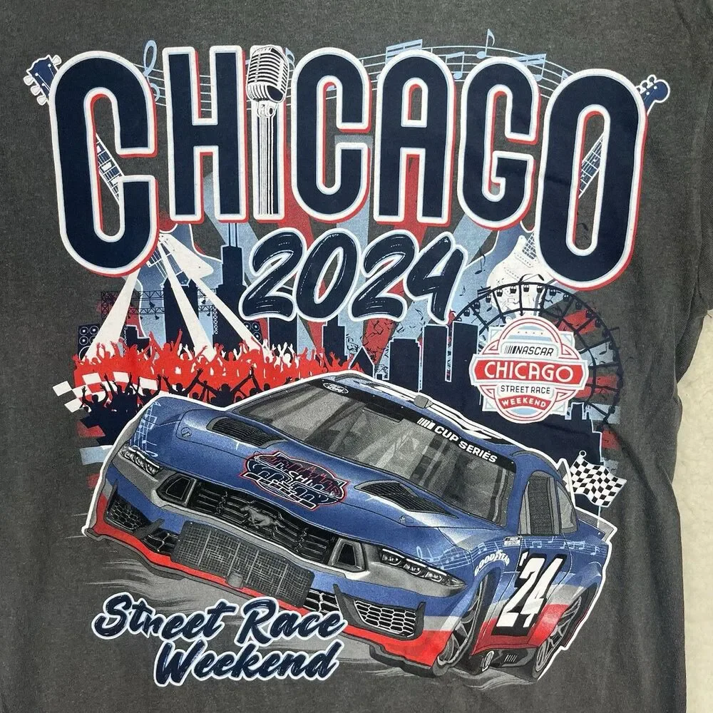 NASCAR Chicago Street Race 2024 Graphic Tshirt Gray Double Sided Mens Size Large